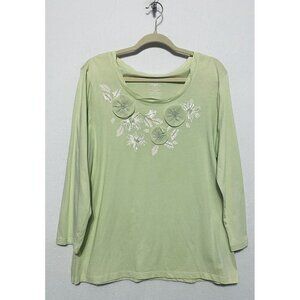 Izod Womens Chiffon Applique Flower Top Green Sequins Scoop Neck Boho XL